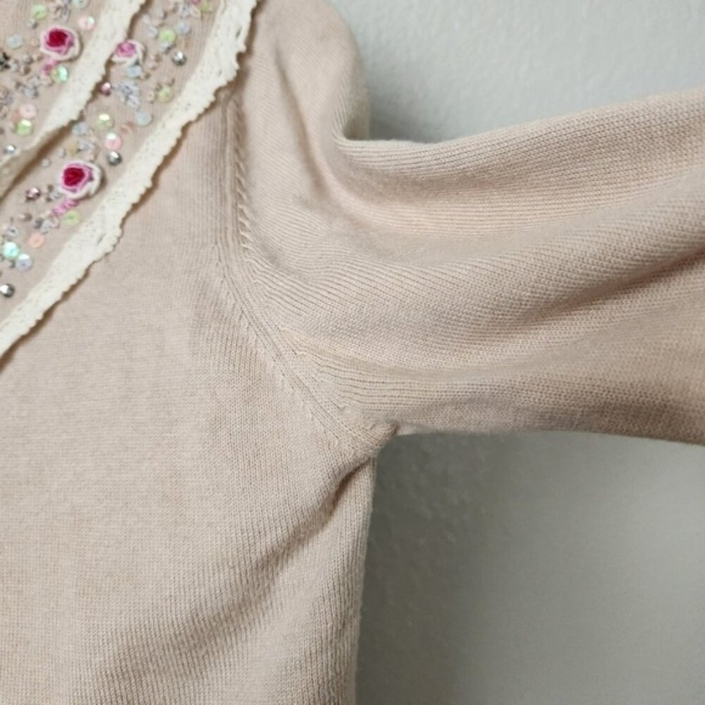 Y2K Coquette Cream Knit Cardigan Top with Floral Beading Pearls Sequins M - Picture 5 of 11